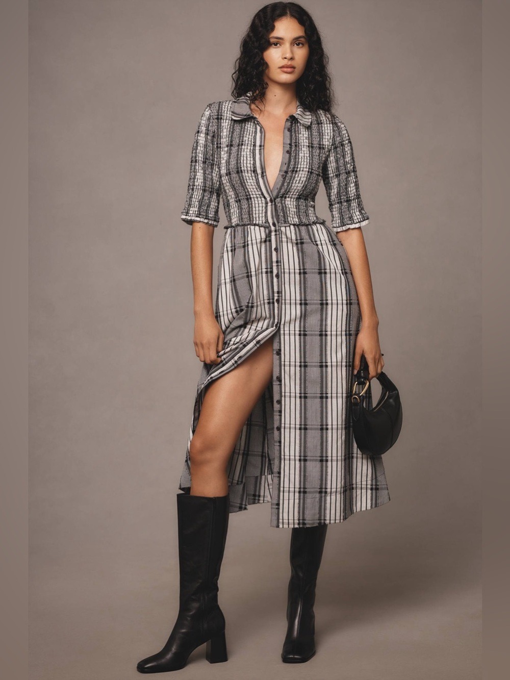Maeve Short-Sleeve Smocked Midi Shirt Dress Size XS Black Grey Anthropologie